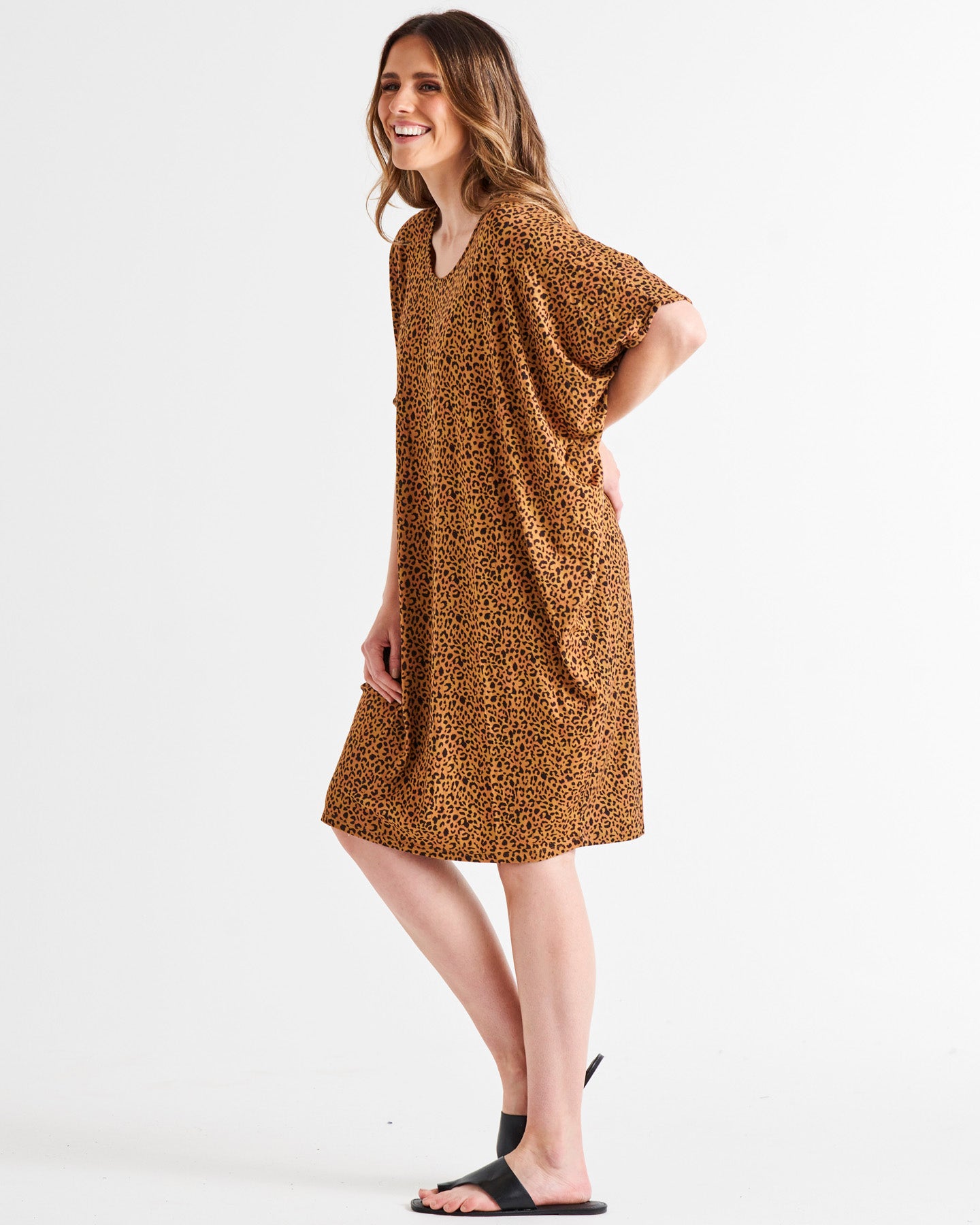 Maui Loose Fitting Stretchy Scoop Neck Batwing Above-Knee Dress - Wild Leopard Print