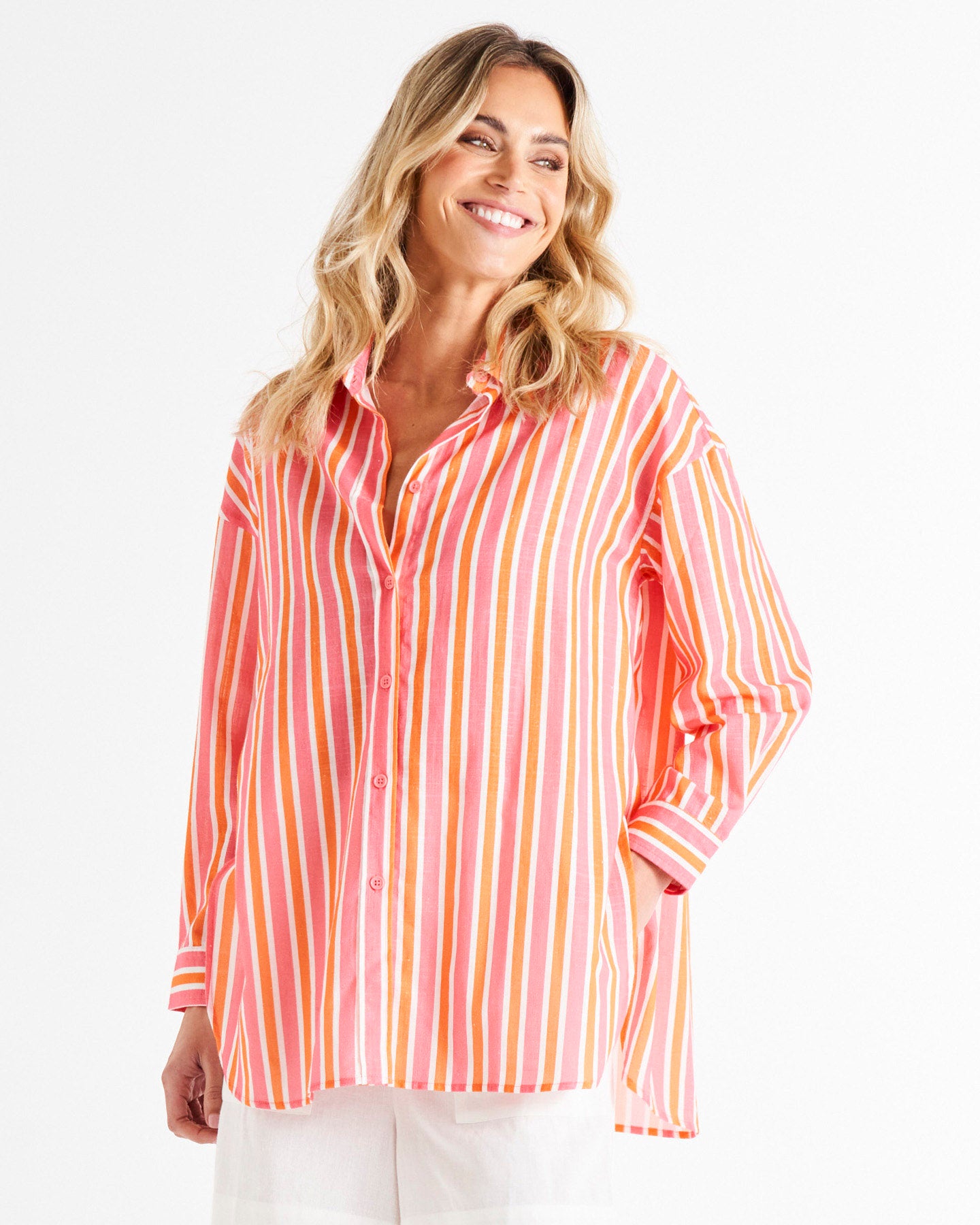 Quinn Oversized Relaxed Button-Up Cotton Shirt - Sundown Stripe Pink/Orange