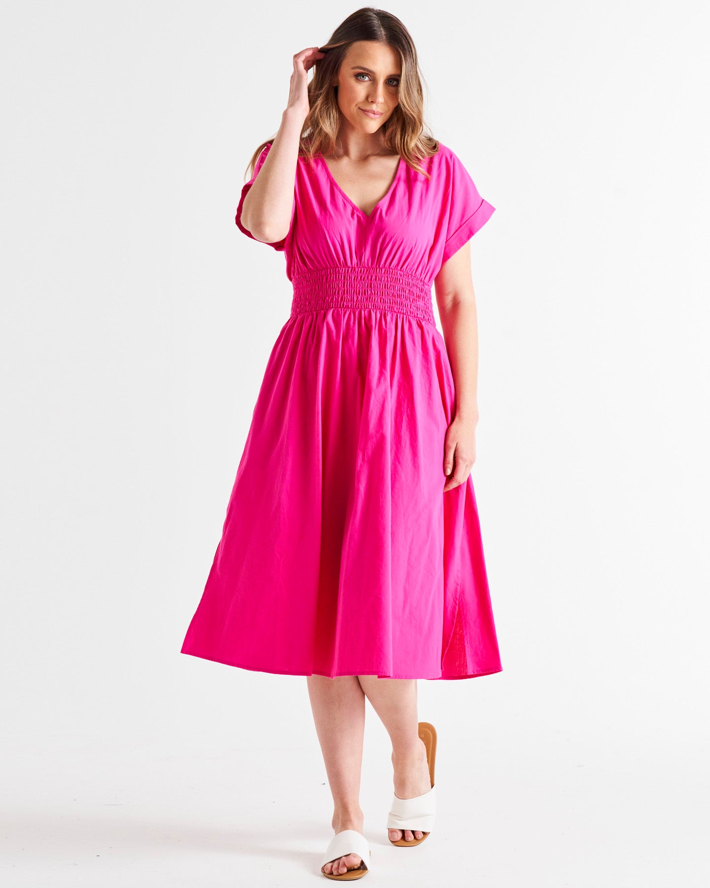 Carrie V-Neck Short Sleeve Shirred Waist Cotton Midi Dress - Miami Pink
