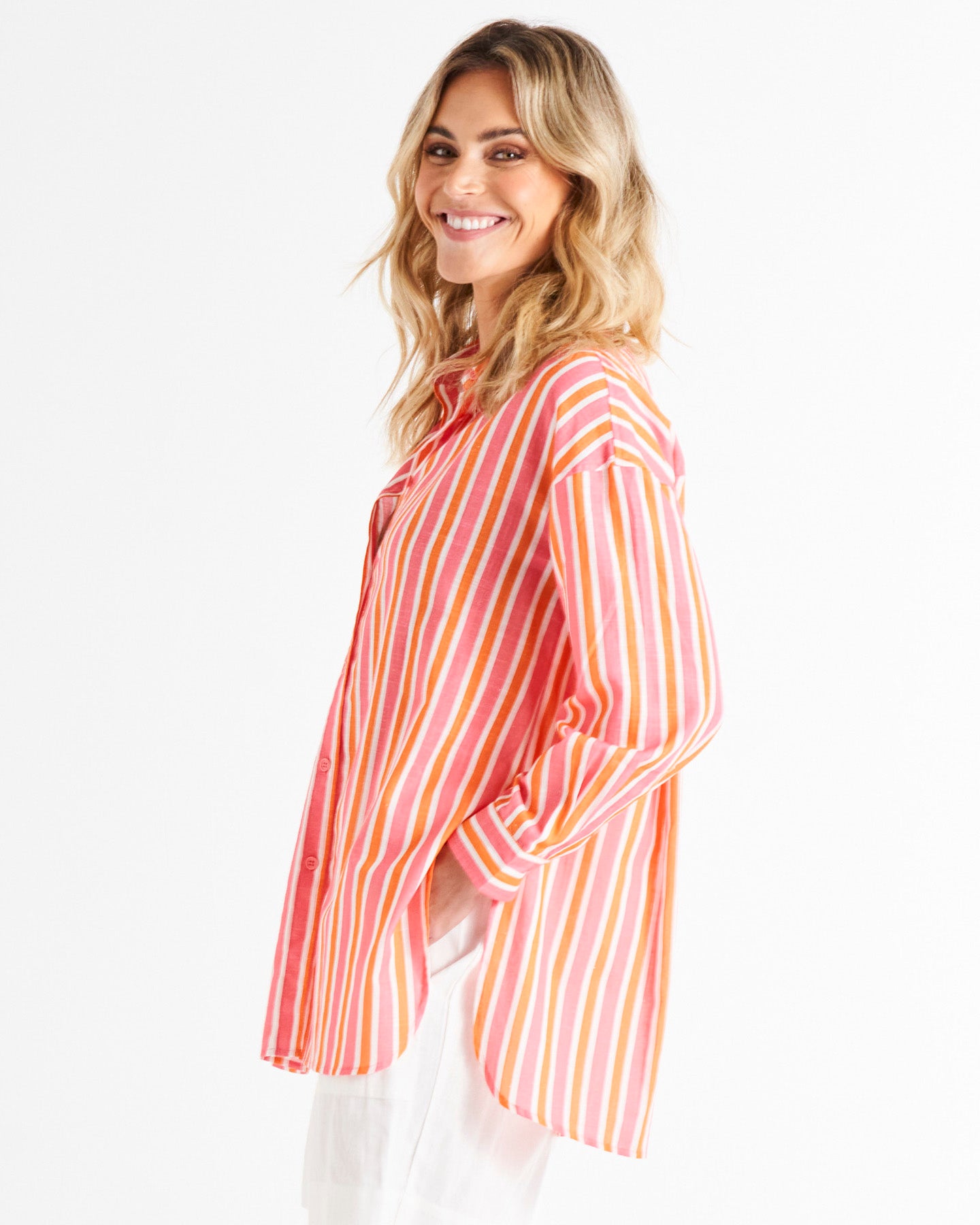 Quinn Oversized Relaxed Button-Up Cotton Shirt - Sundown Stripe Pink/Orange