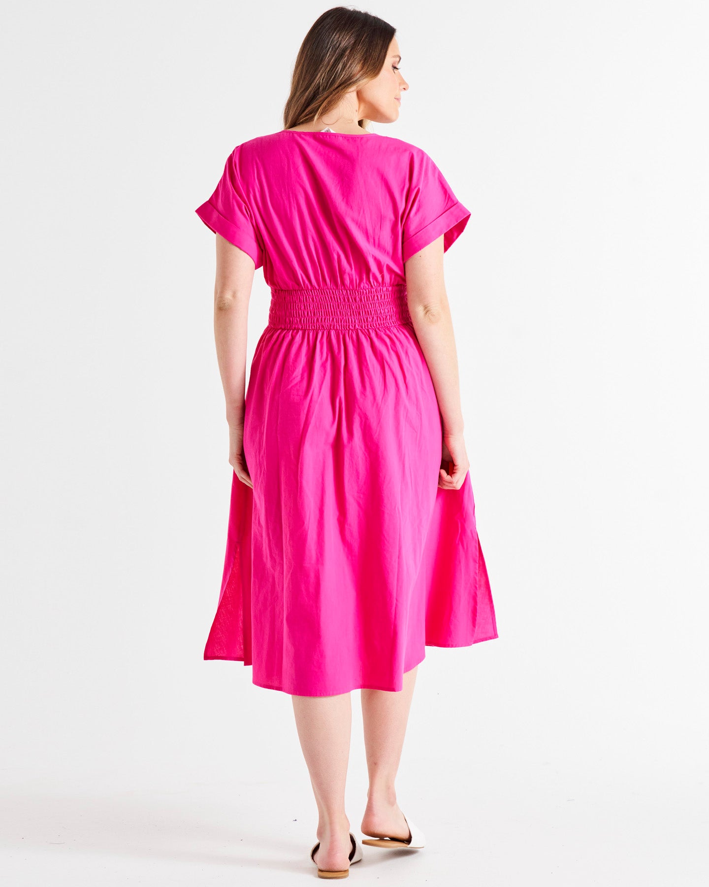 Carrie V-Neck Short Sleeve Shirred Waist Cotton Midi Dress - Miami Pink
