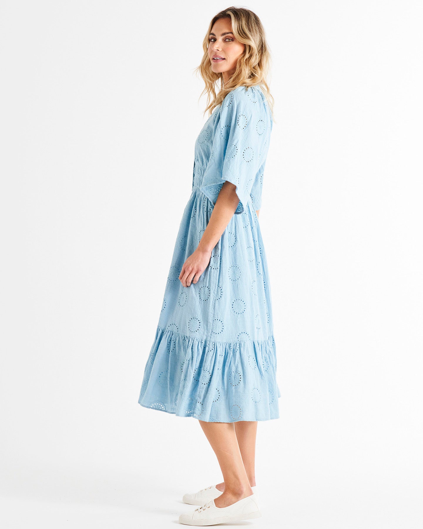 Bella Broderie Flutter Sleeve Button Up Tiered Cotton Midi Dress - Cornflower Blue