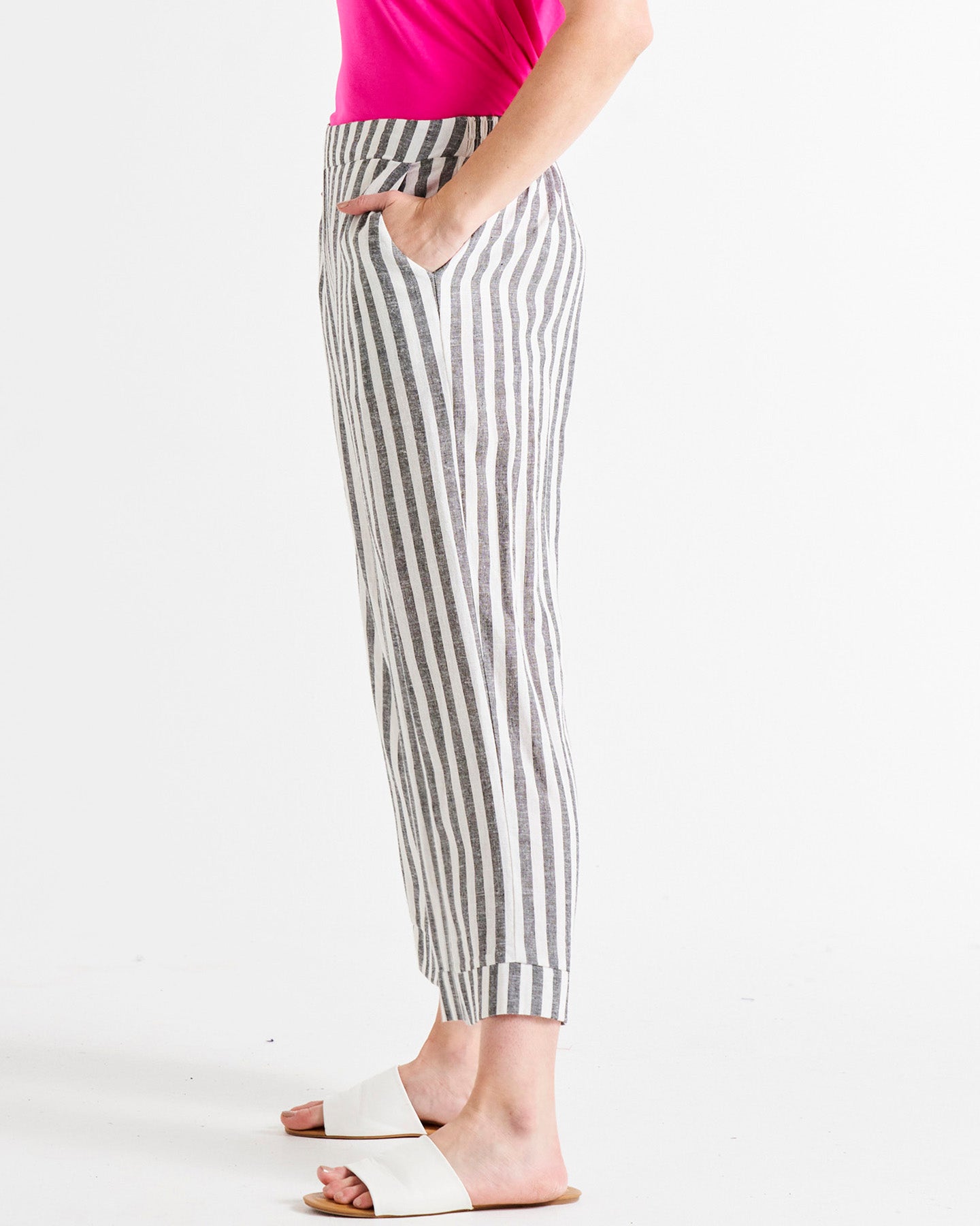 Parker High-Rise Cropped Linen-Blend Pants - Black/White Stripe