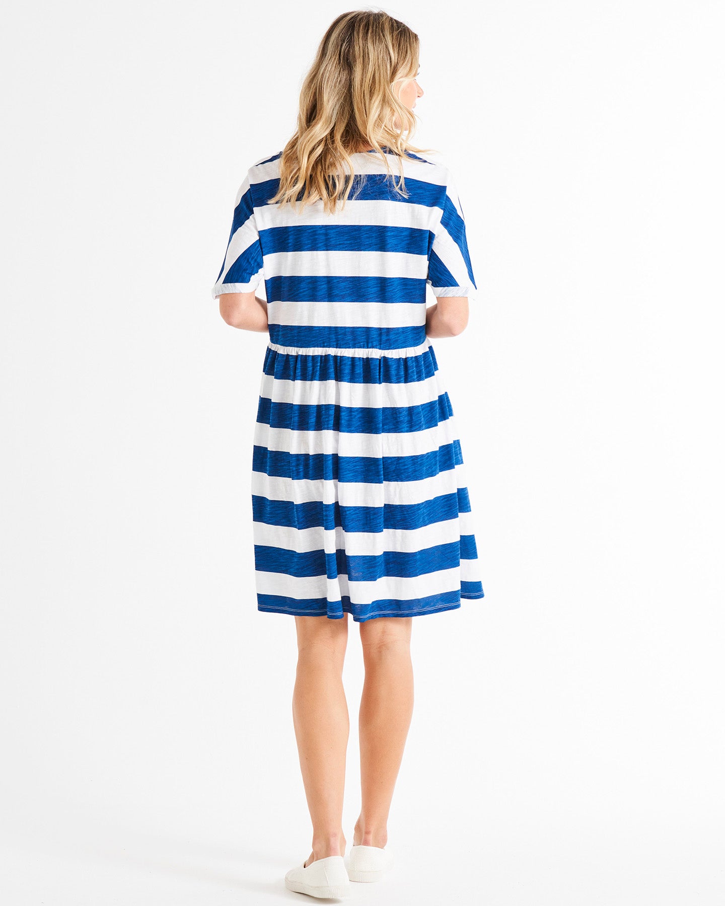 Portsea Relaxed V-Neck Cotton T-Shirt Dress - Blue/White Stripe