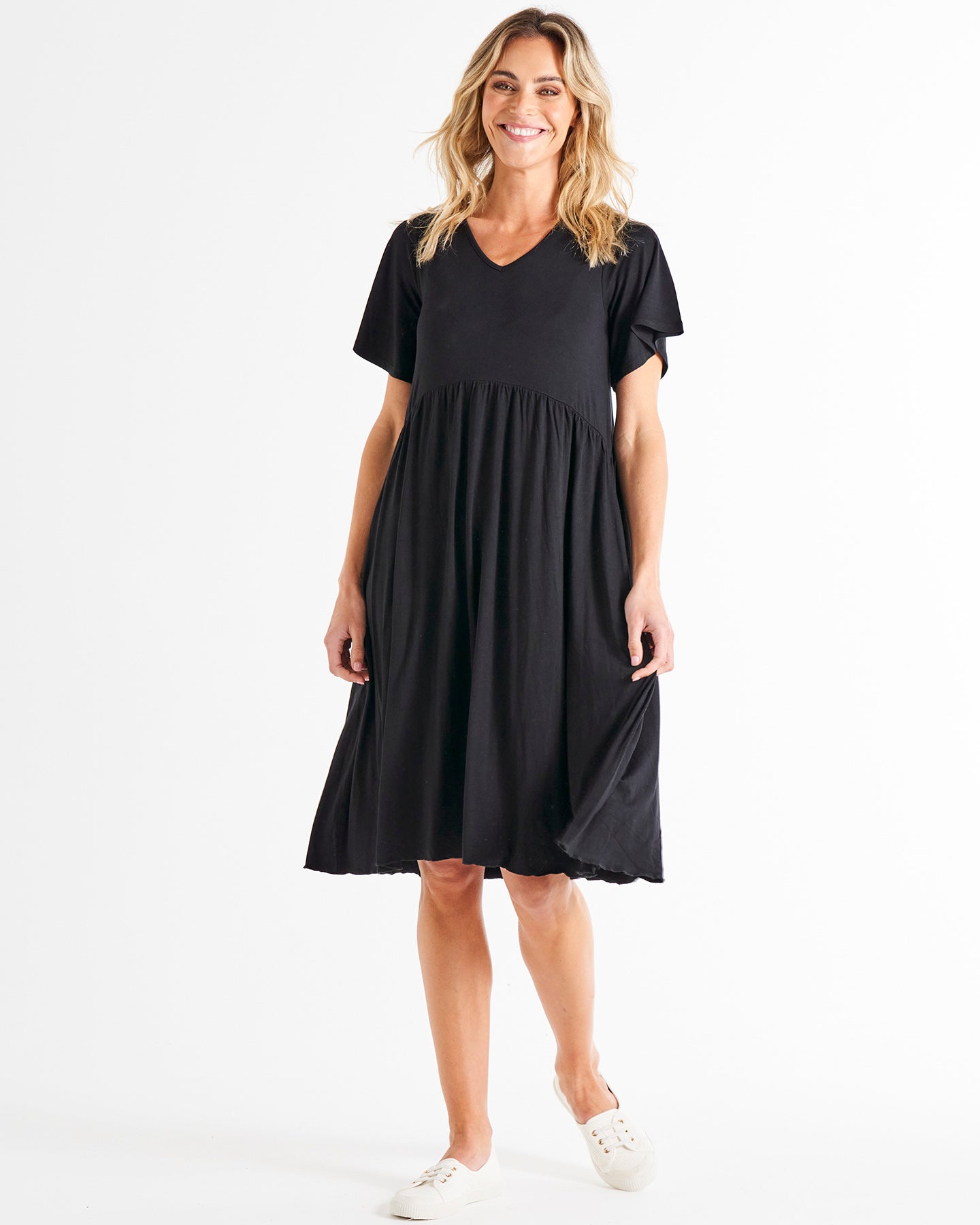 Donna Stretchy Frill Sleeve T-Shirt Dress - Black