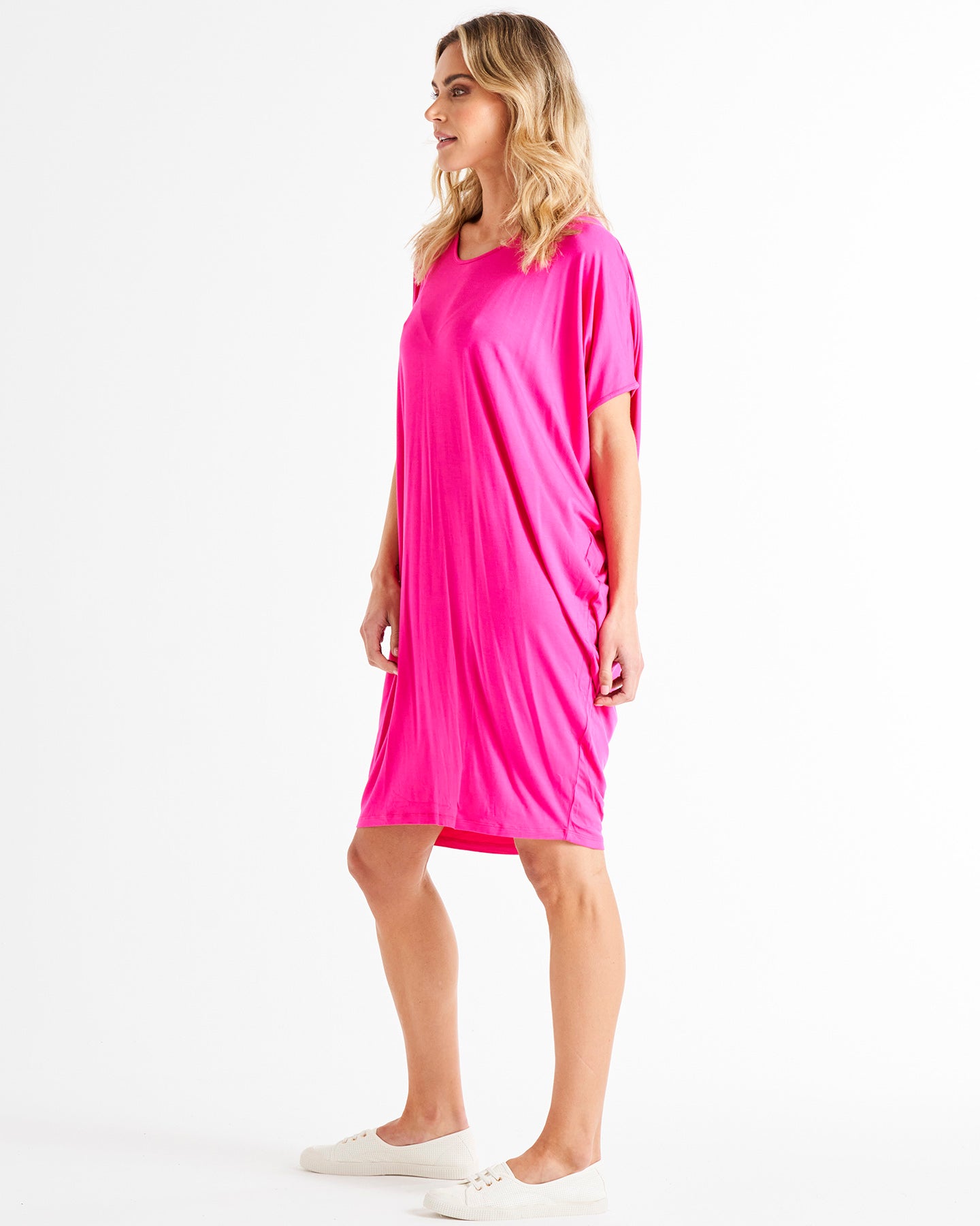 Maui Loose Fitting Stretchy Scoop Neck Batwing Above-Knee Dress - Raspberry