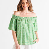 Jessica Off Shoulder Short Flutter Sleeve Linen-Blend Top - Green Wild Animal Print