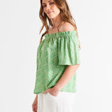 Jessica Off Shoulder Short Flutter Sleeve Linen-Blend Top - Green Wild Animal Print