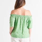 Jessica Off Shoulder Short Flutter Sleeve Linen-Blend Top - Green Wild Animal Print