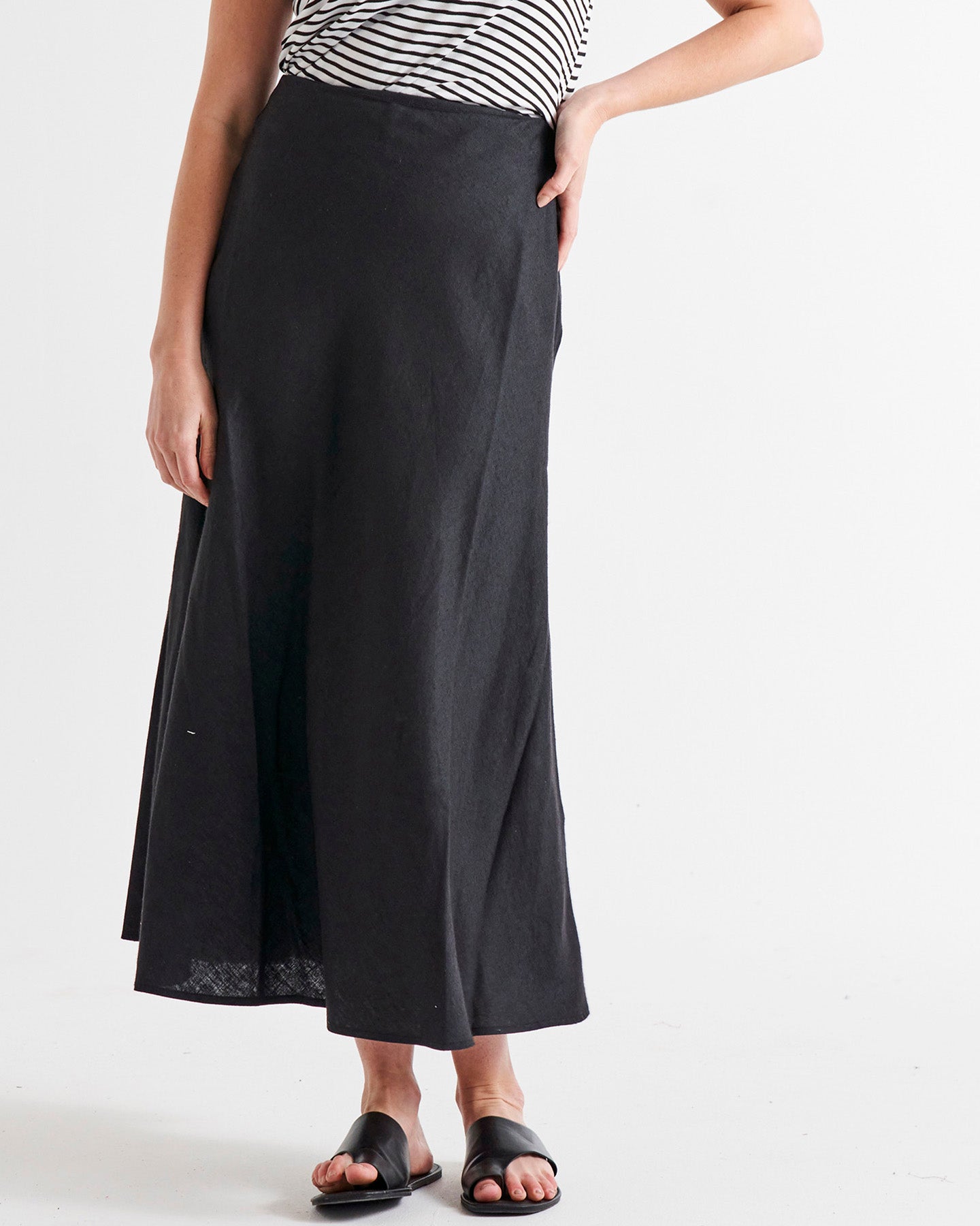 Saffron High Waist Midi Linen-Blend Side Split Skirt - Coal