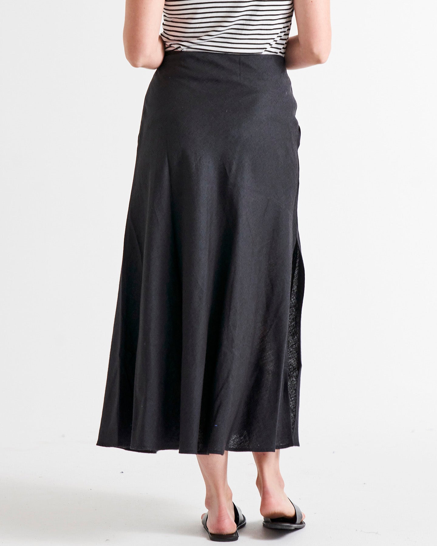 Saffron High Waist Midi Linen-Blend Side Split Skirt - Coal
