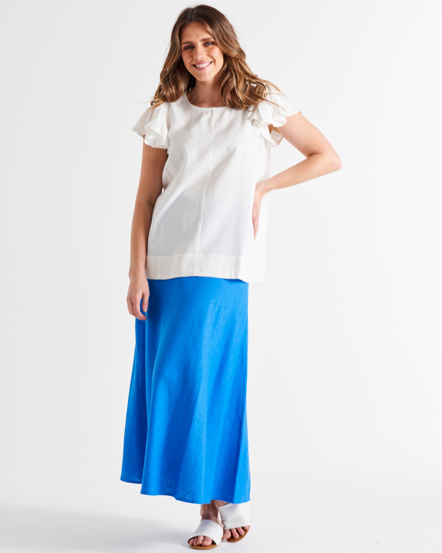 Saffron High Waist Midi Linen-Blend Side Split Skirt - Electric Blue