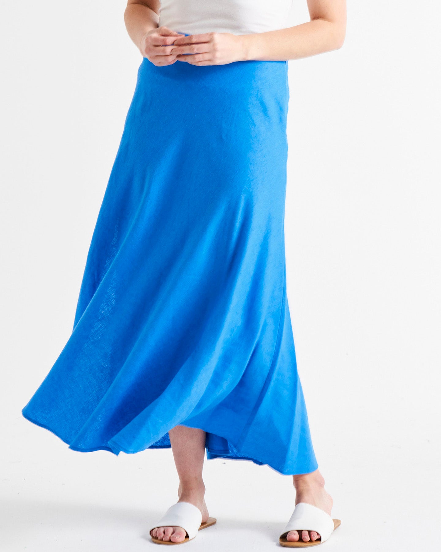 Saffron High Waist Midi Linen-Blend Side Split Skirt - Electric Blue