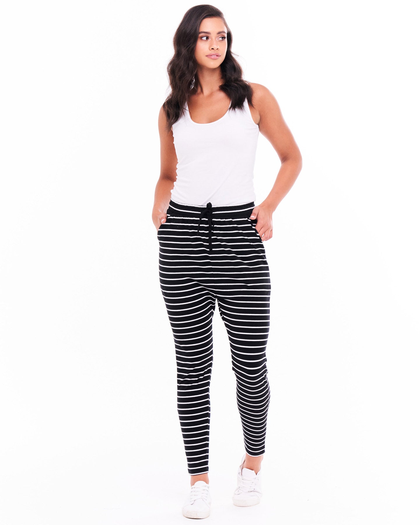 Jade Drop-Crotch Stretchy Cotton Jogger Pants - Black / White Stripe