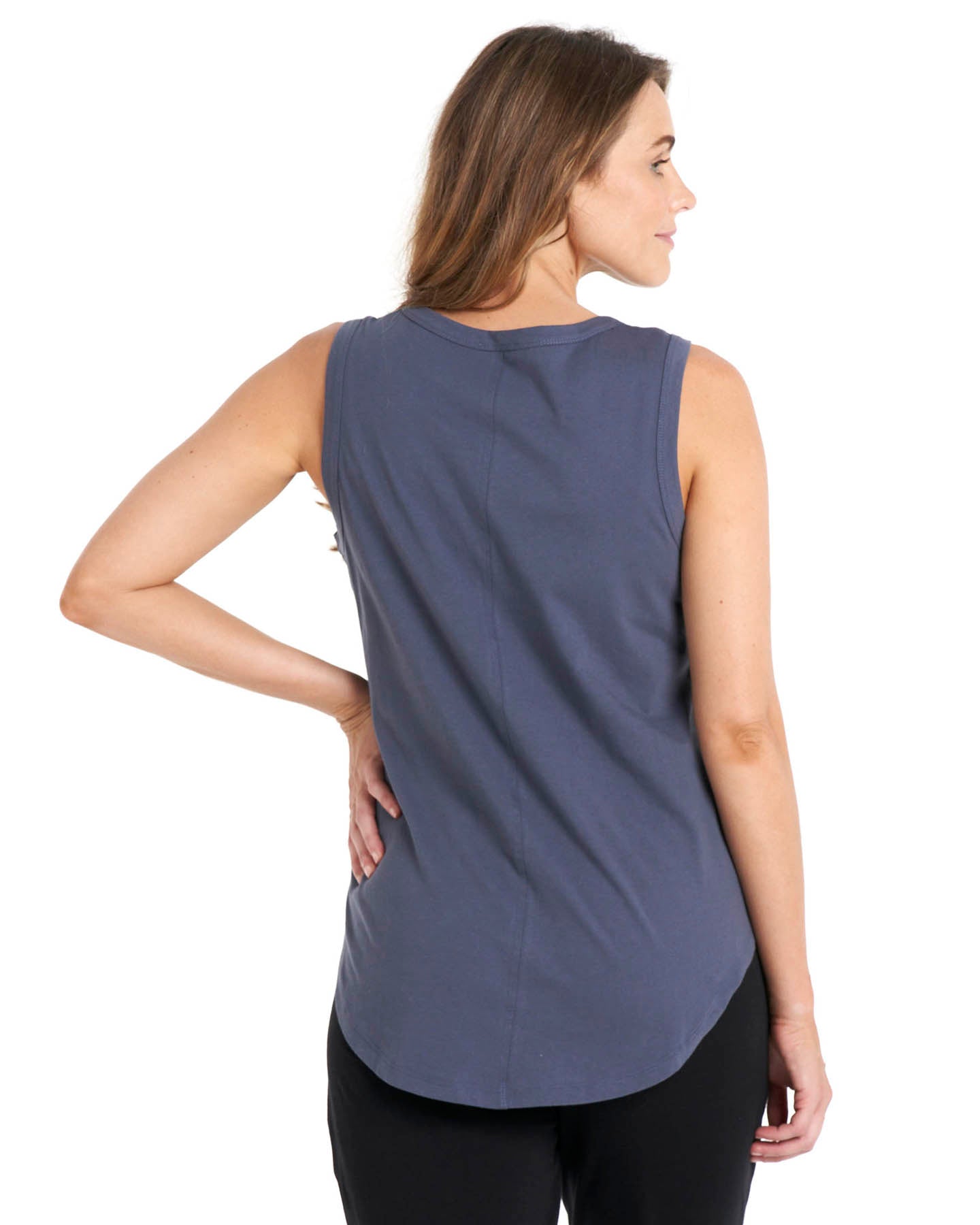 Keira Relaxed Scoop Neck Long Cotton Basic Tank - Indi Blue