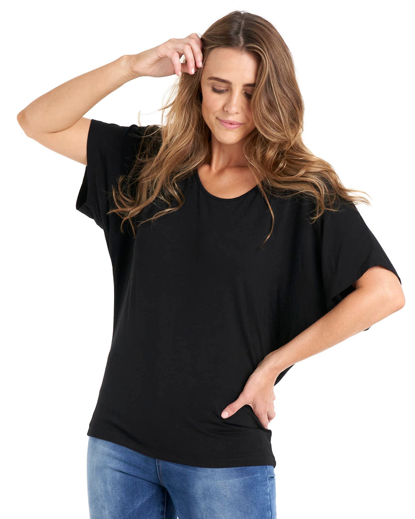 Maui Batwing Draped Basic Tee - Black