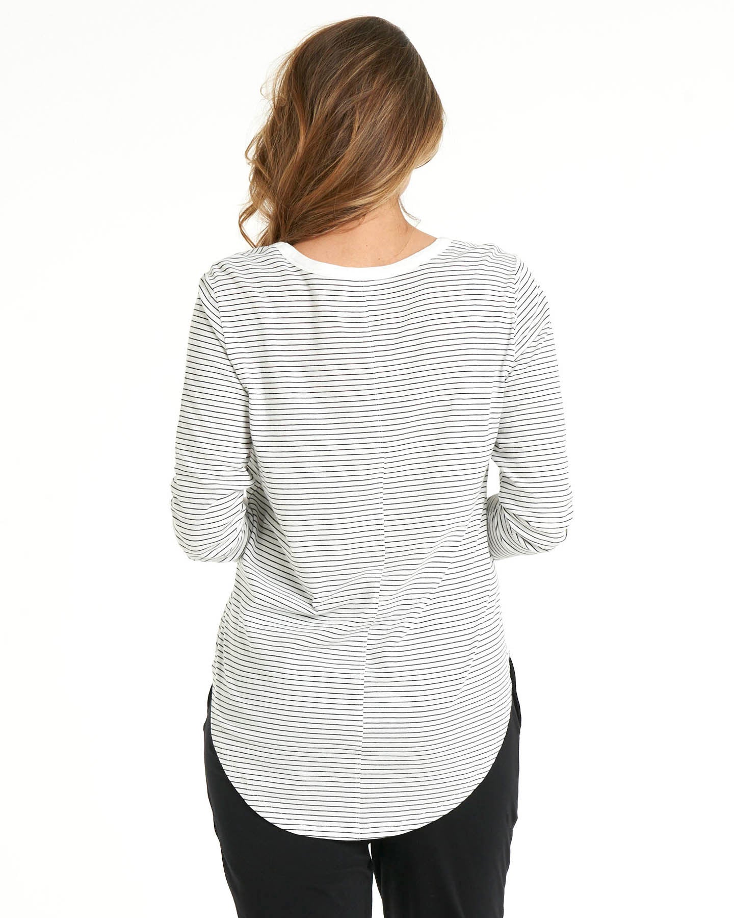 Megan Long Sleeve Cotton Basic Top - White / Black Stripe