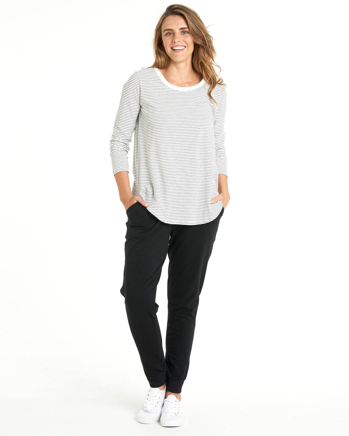 Megan Long Sleeve Cotton Basic Top - White / Black Stripe