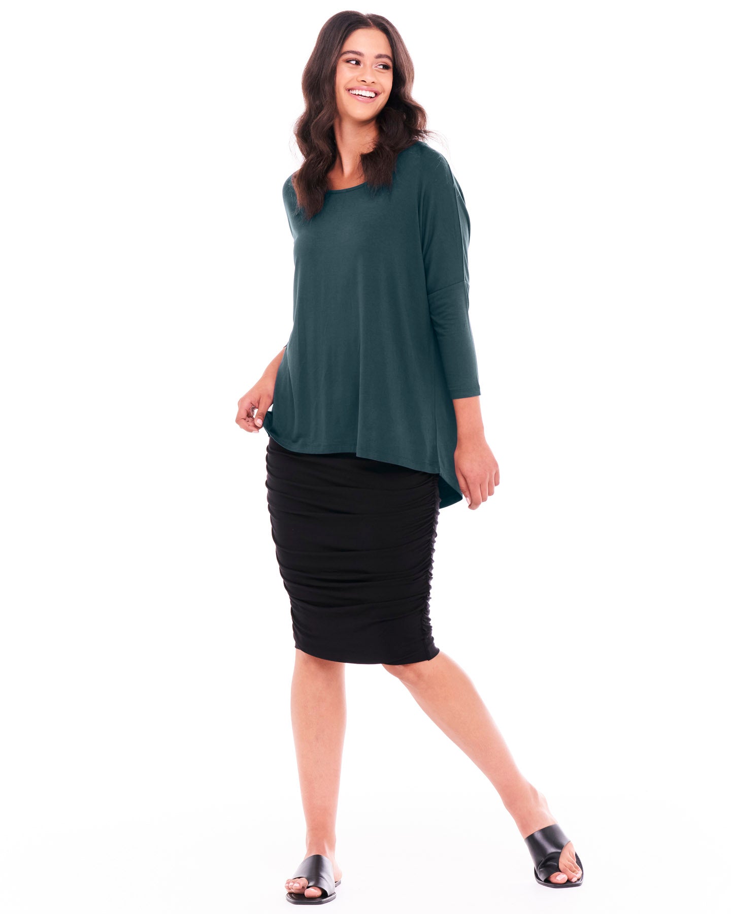 Milan Draped Relaxed 3/4 Sleeve Basic Top - Ivy