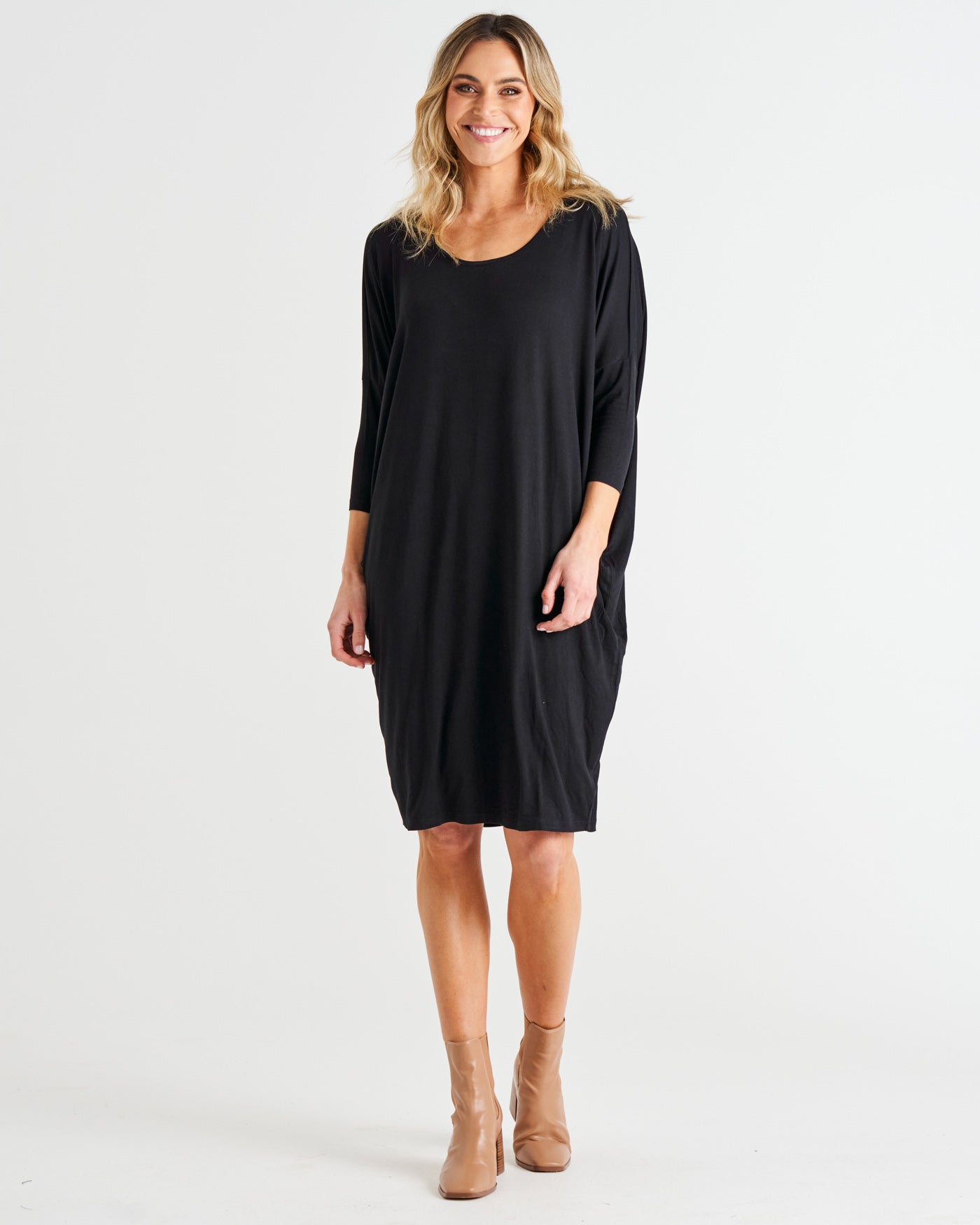 Lucia Stretchy 3/4 Sleeve T-Shirt Dress - Black