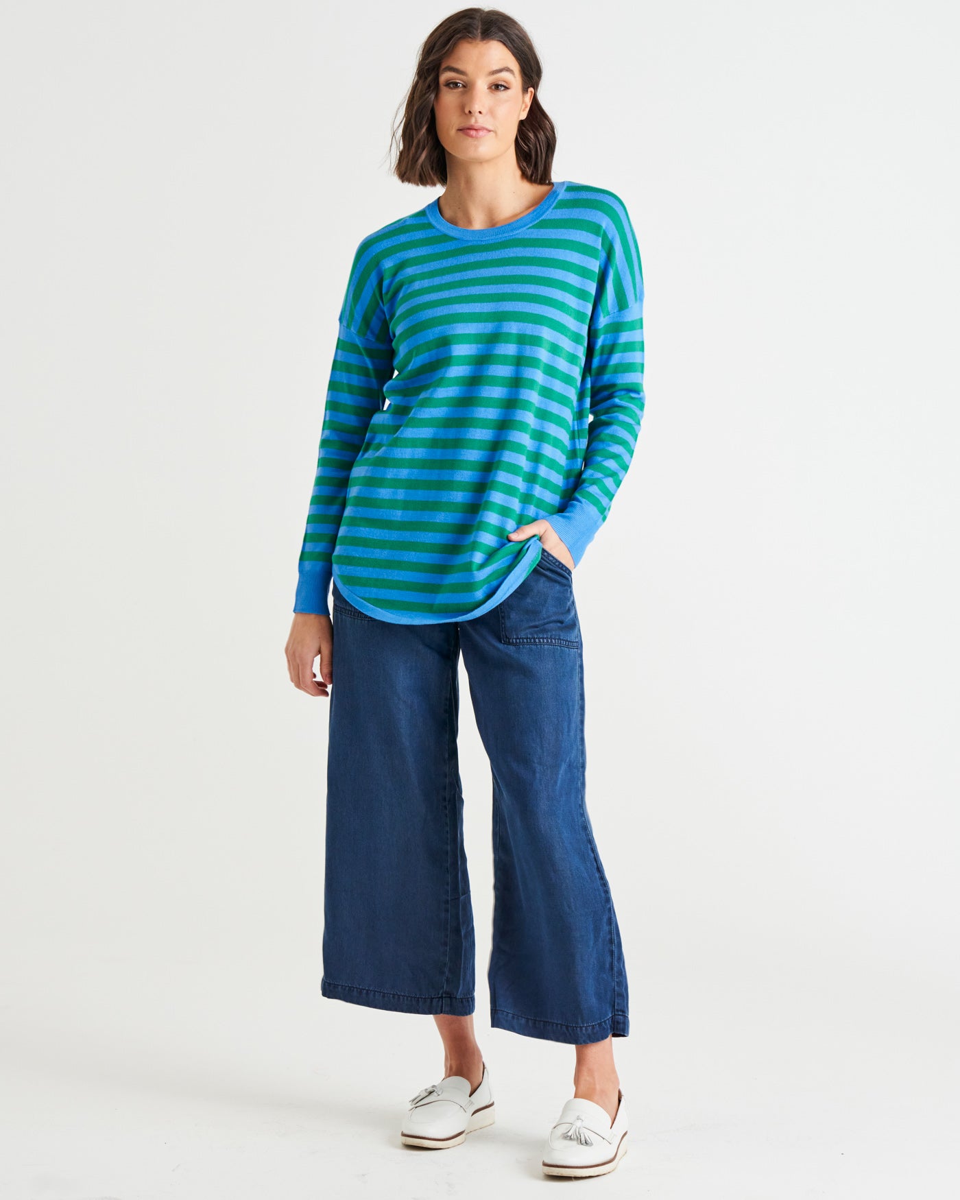 Sophie Lightweight Relaxed Knit Jumper Green/Blue Stripe – Betty
