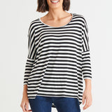 Milan Stretchy Draped Relaxed 3/4 Sleeve Basic Top - Black/White Stripe