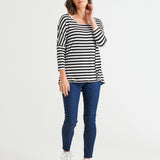 Milan Stretchy Draped Relaxed 3/4 Sleeve Basic Top - Black/White Stripe