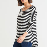 Milan Stretchy Draped Relaxed 3/4 Sleeve Basic Top - Black/White Stripe