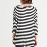 Milan Stretchy Draped Relaxed 3/4 Sleeve Basic Top - Black/White Stripe