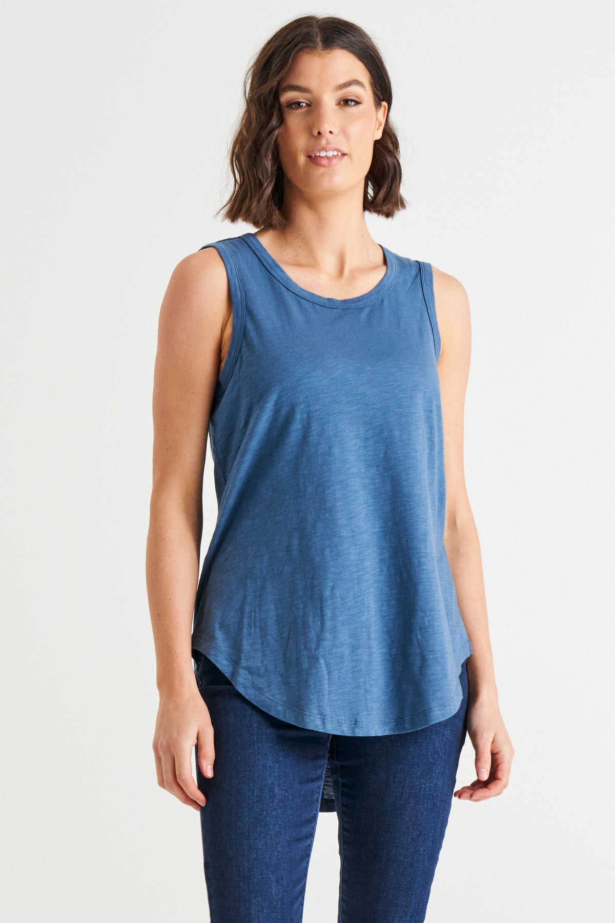 Keira Relaxed Scoop Neck Long Cotton Basic Tank - Steel Blue