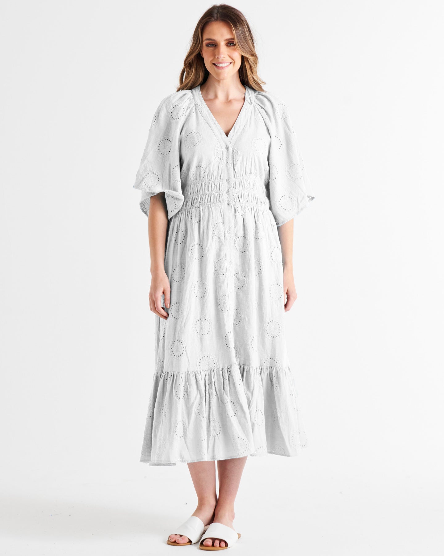 Bella Broderie Flutter Sleeve Button Up Tiered Cotton Midi Dress - White