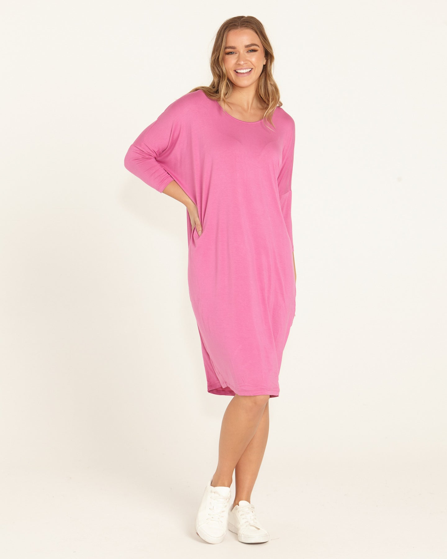 Lucia Stretchy 3/4 Sleeve T-Shirt Dress - Winter Pink
