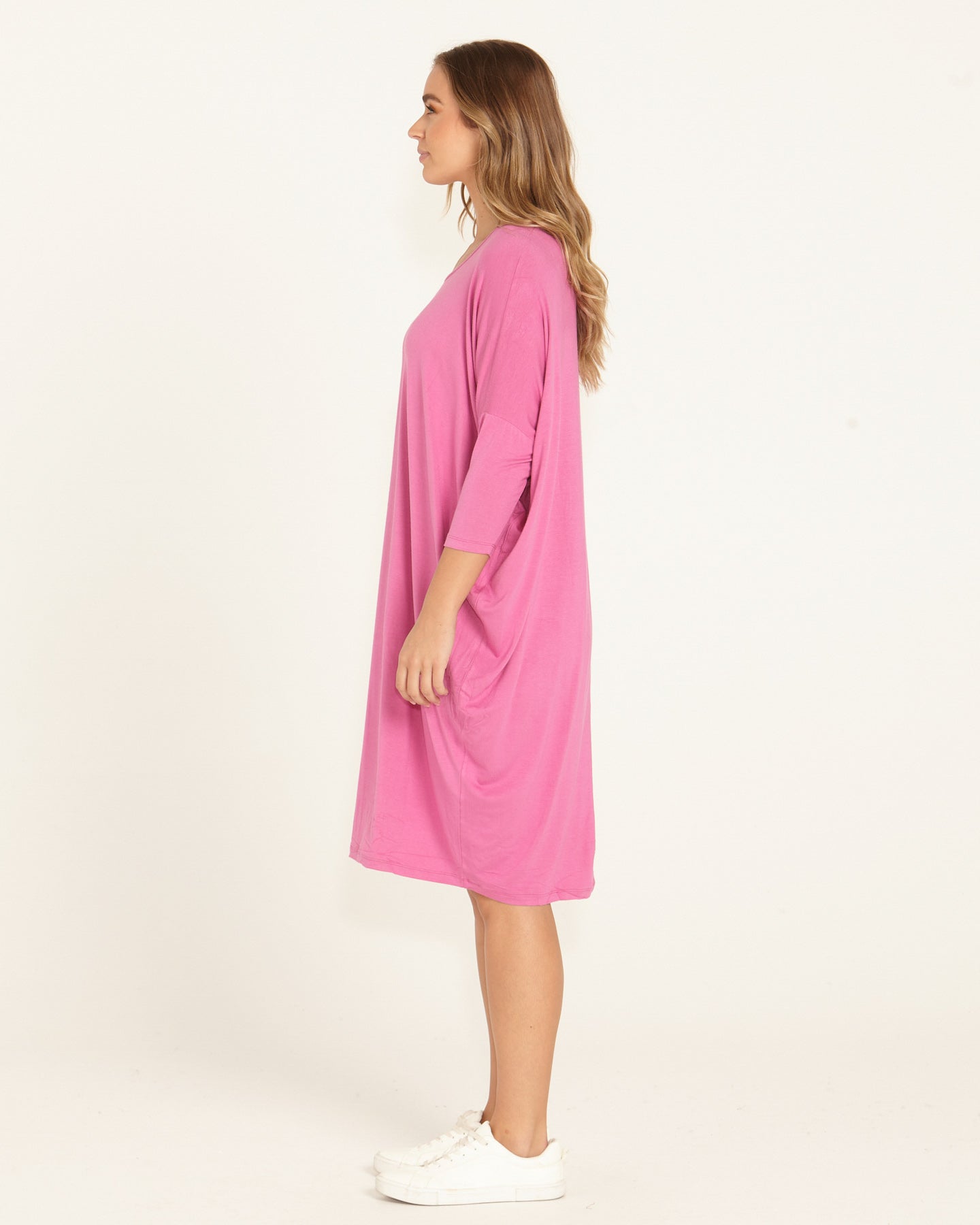 Lucia Stretchy 3/4 Sleeve T-Shirt Dress - Winter Pink