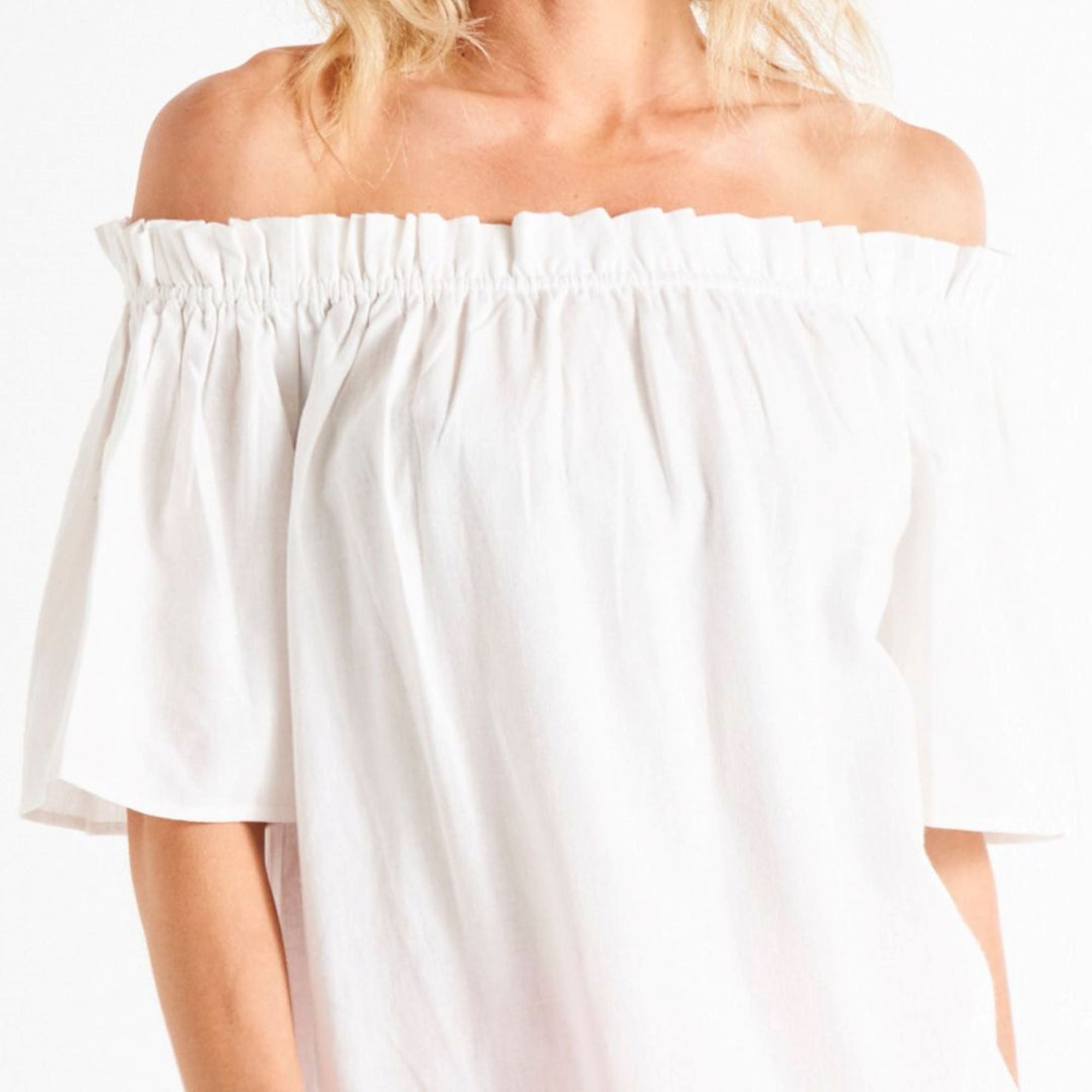 Jessica Off Shoulder Short Flutter Sleeve Linen-Blend Top - White