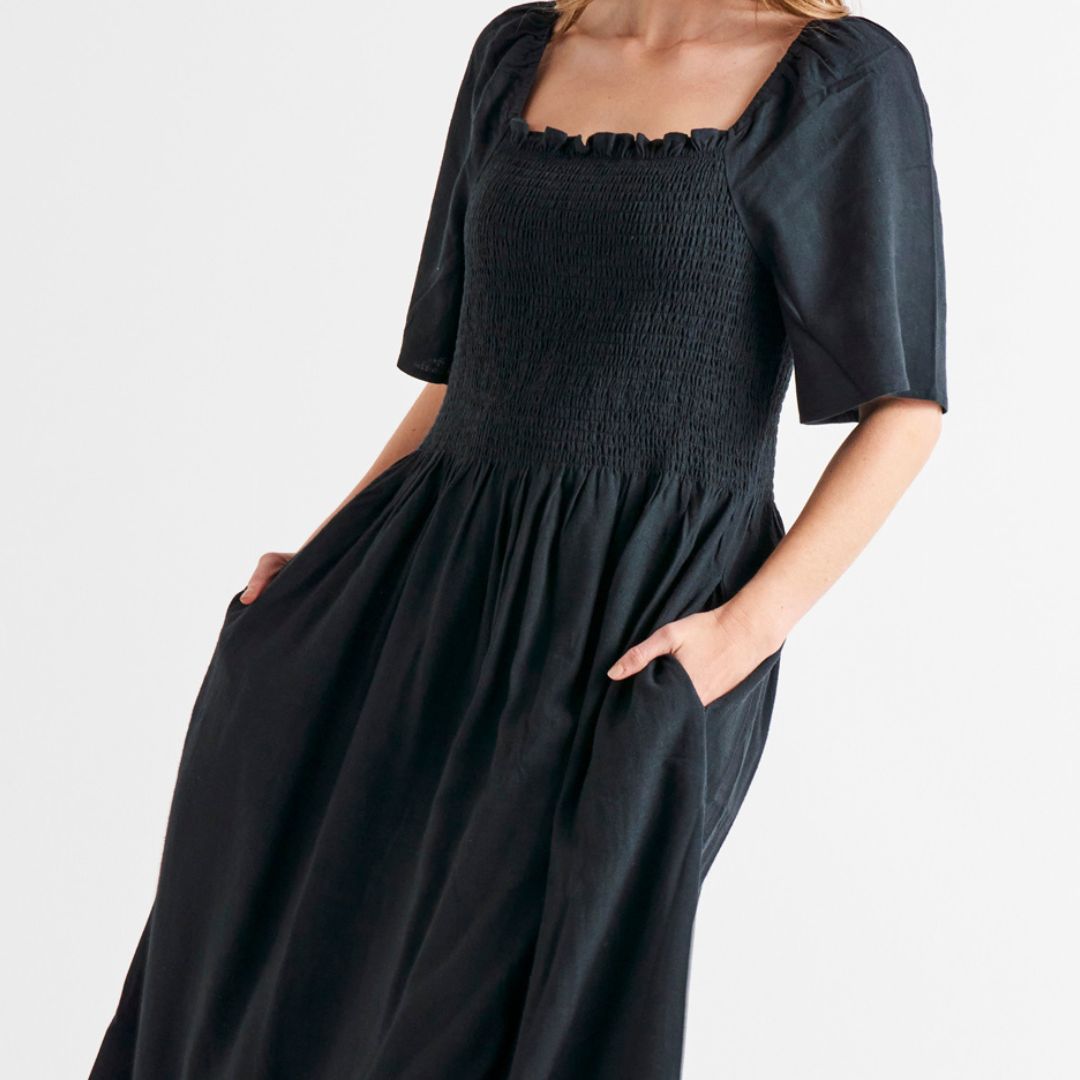 Ingrid Off Shoulder Shirred Bodice Linen-Blend Midi Dress - Coal