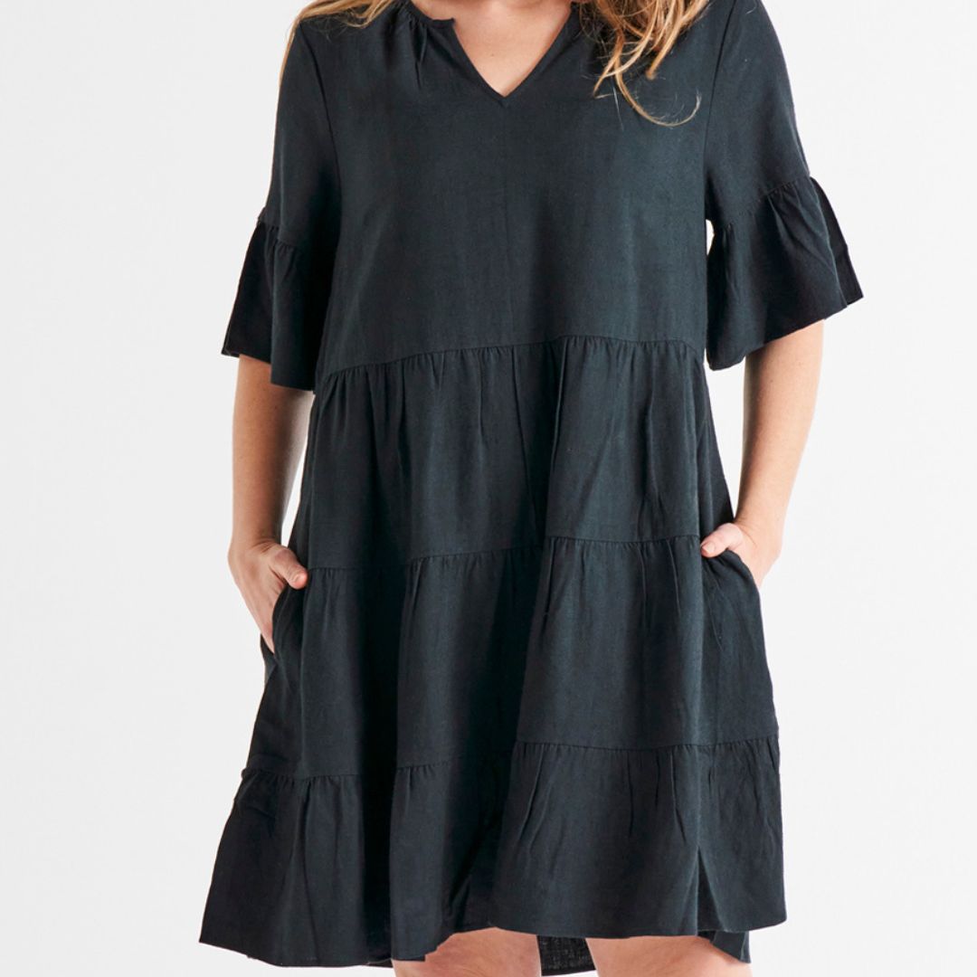 Sally Frill Sleeve Above-Knee Summer Linen-Blend Dress - Coal