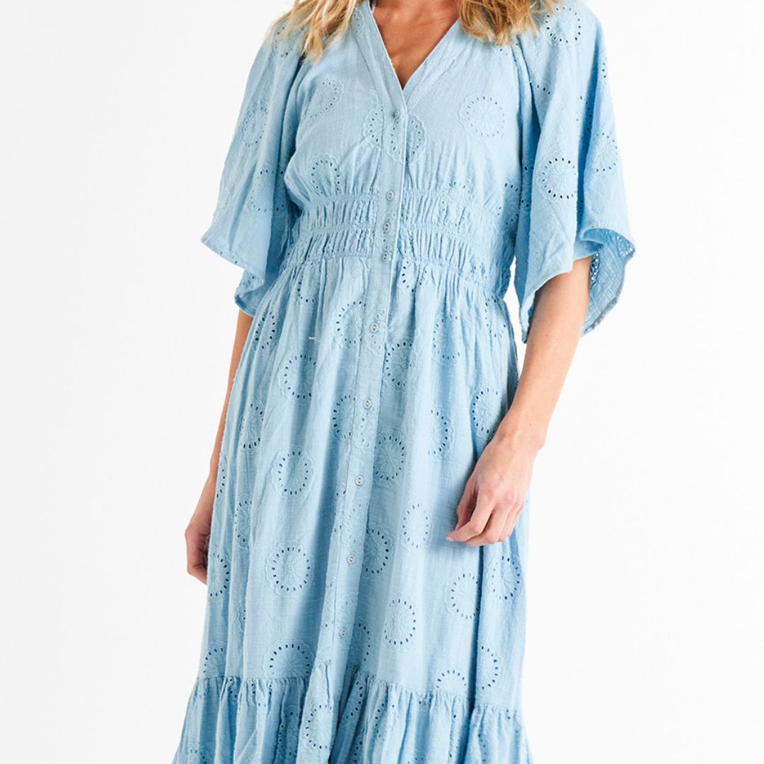 Bella Broderie Flutter Sleeve Button Up Tiered Cotton Midi Dress - Cornflower Blue