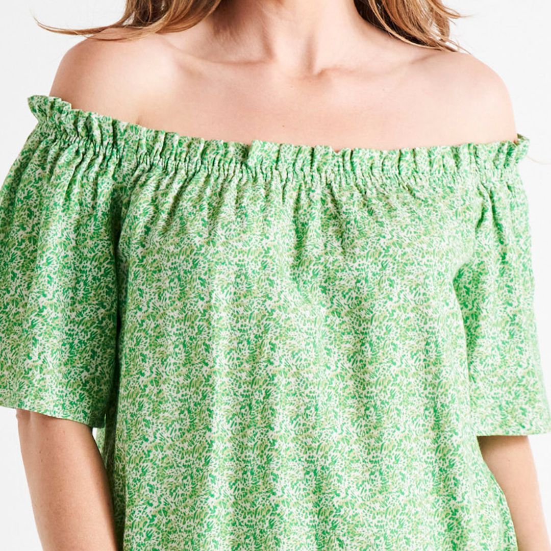 Jessica Off Shoulder Short Flutter Sleeve Linen-Blend Top - Green Wild Animal Print