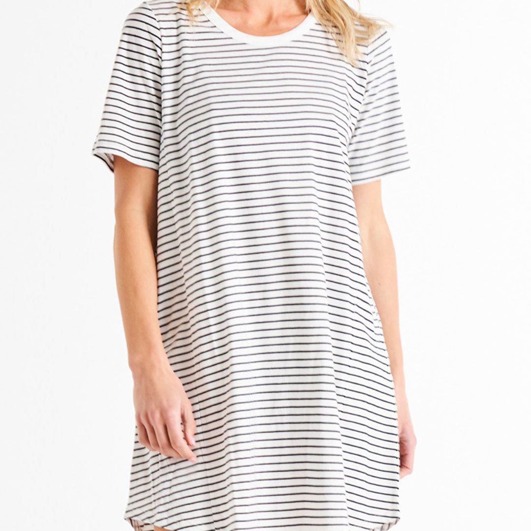 Nyree Relaxed Scoop Neck Above Knee Basic Cotton Dress - Jet Black Stripe