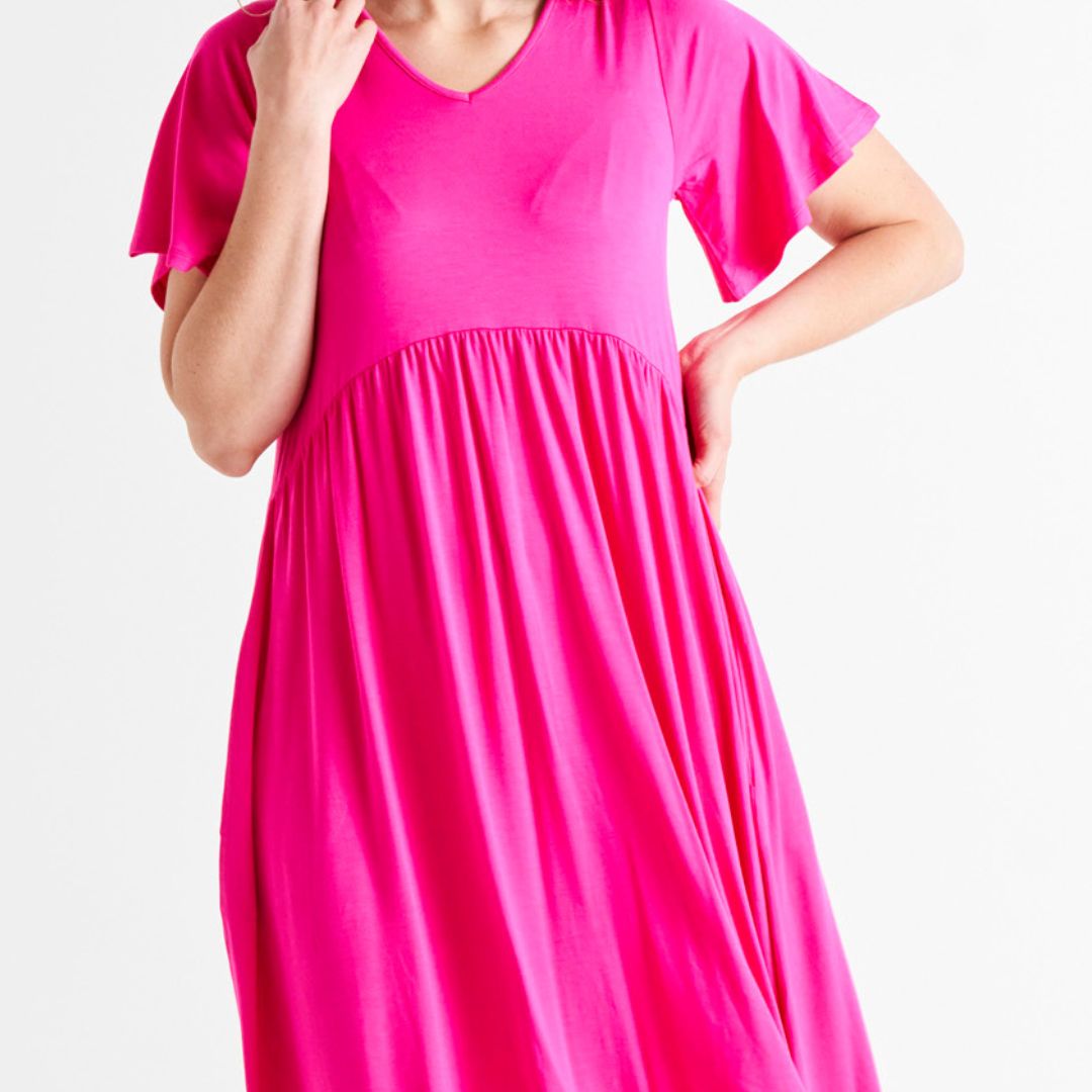 Donna Stretchy Frill Sleeve T Shirt Dress Raspberry Pink