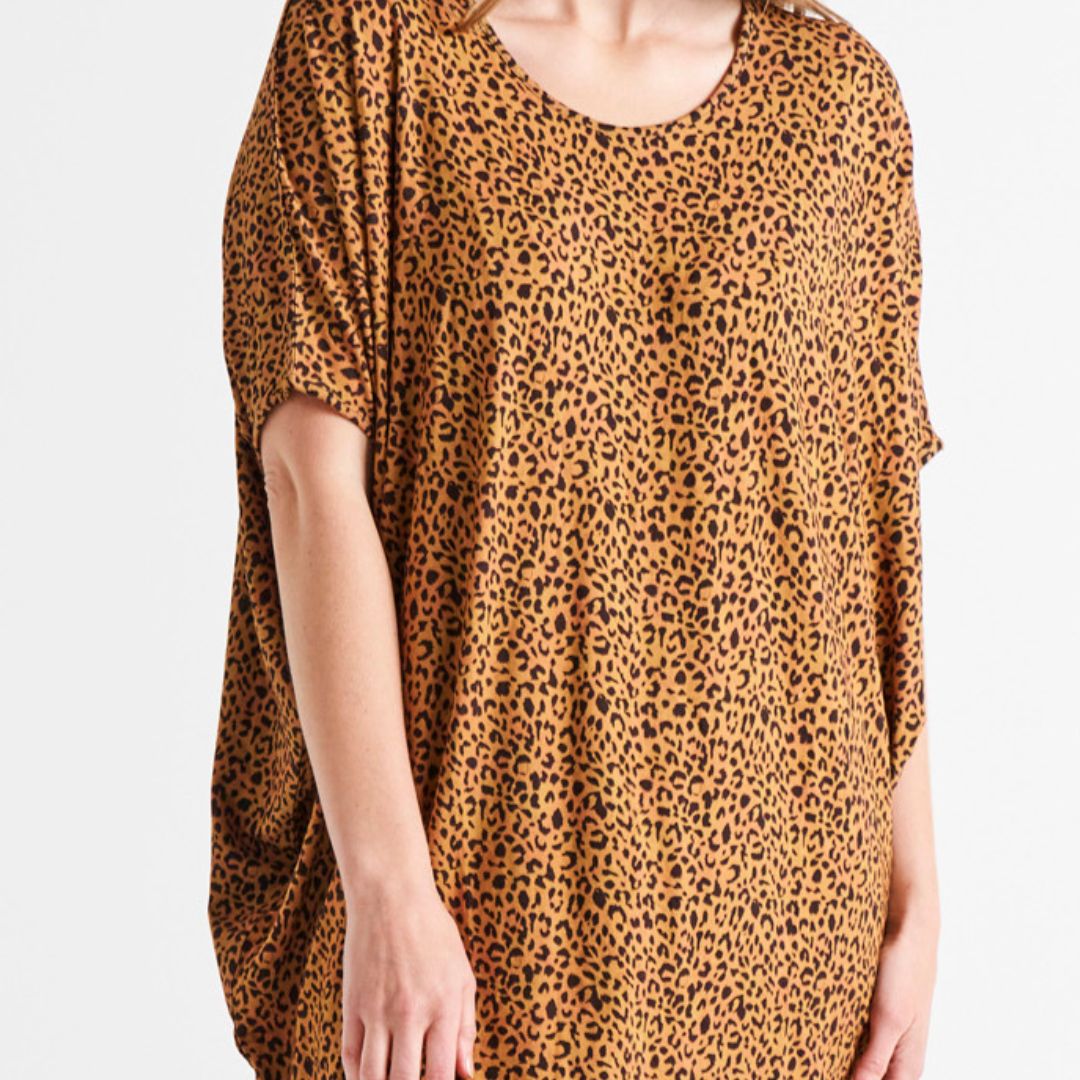 Maui Loose Fitting Stretchy Scoop Neck Batwing Above-Knee Dress - Wild Leopard Print