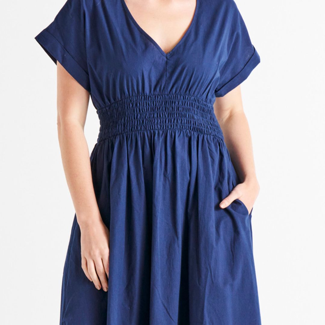 Carrie V-Neck Short Sleeve Shirred Waist Cotton Midi Dress - Navy