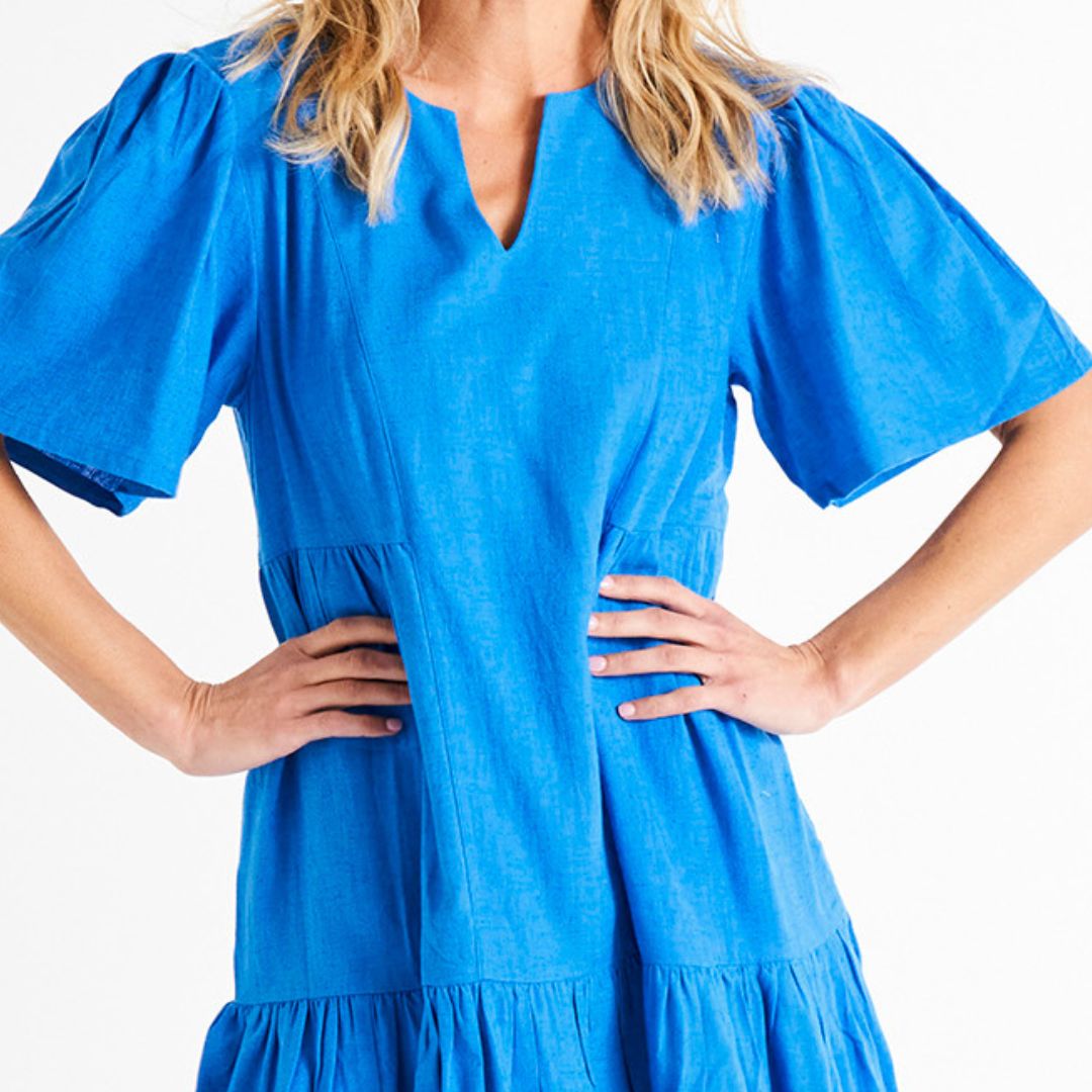 Amara Relaxed Tiered Linen-Blend Above-Knee Dress - Electric Blue