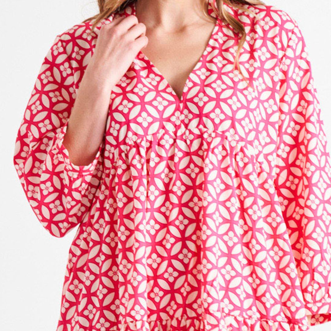 Verona Relaxed Tiered V-Neck Midi Cotton Dress - Pink Geo Print