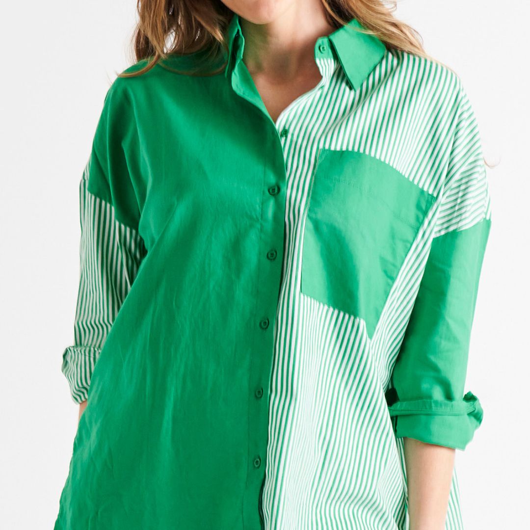 Quinn Oversized Relaxed Button-Up Cotton Shirt - Green Stripe Block