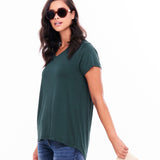 Matilda V-Neck Relaxed Draped Basic Tee - Ivy Green